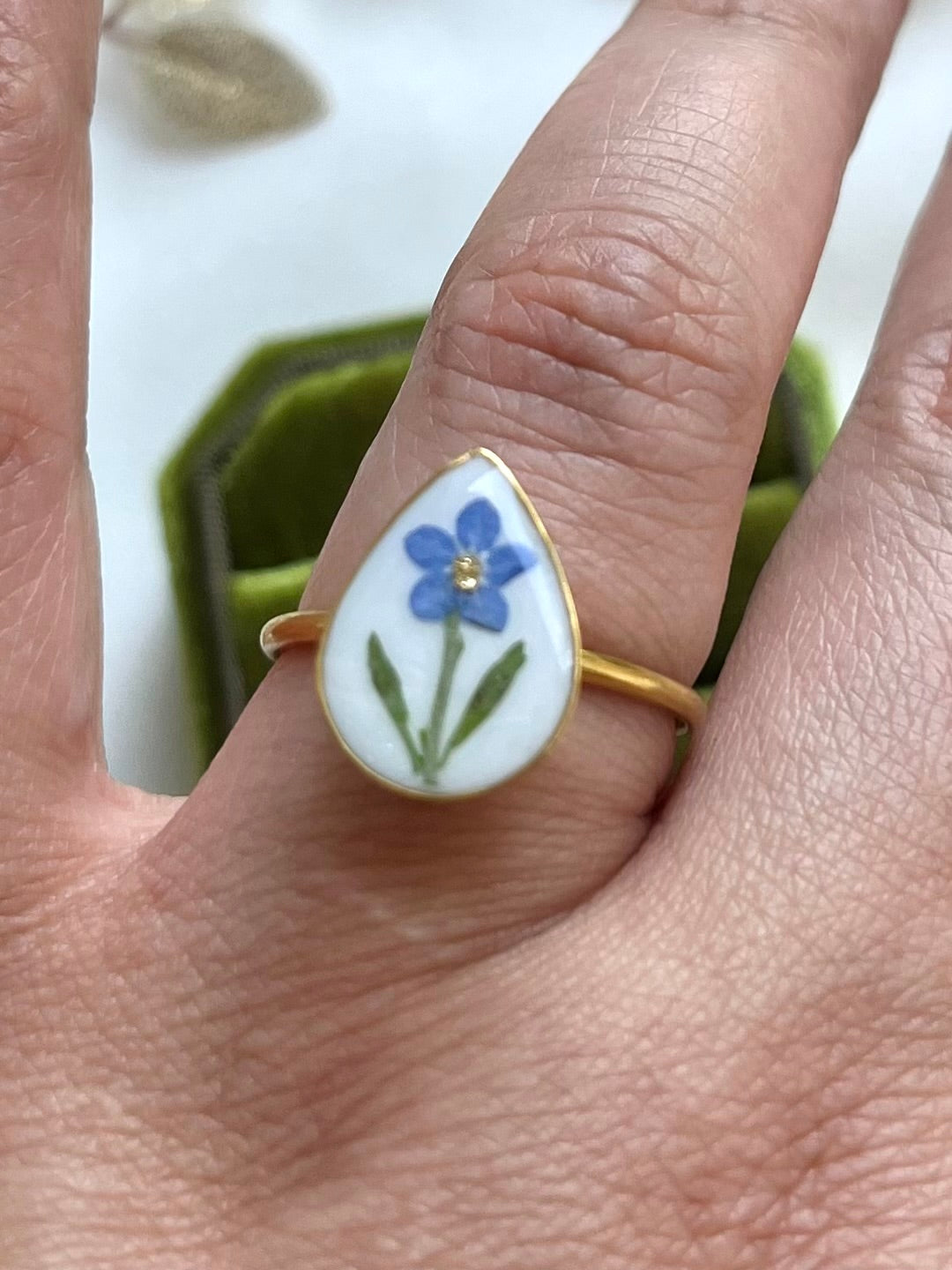 Pressed Flowers | Stainless Steel | Teardrop Ring | Adjustable