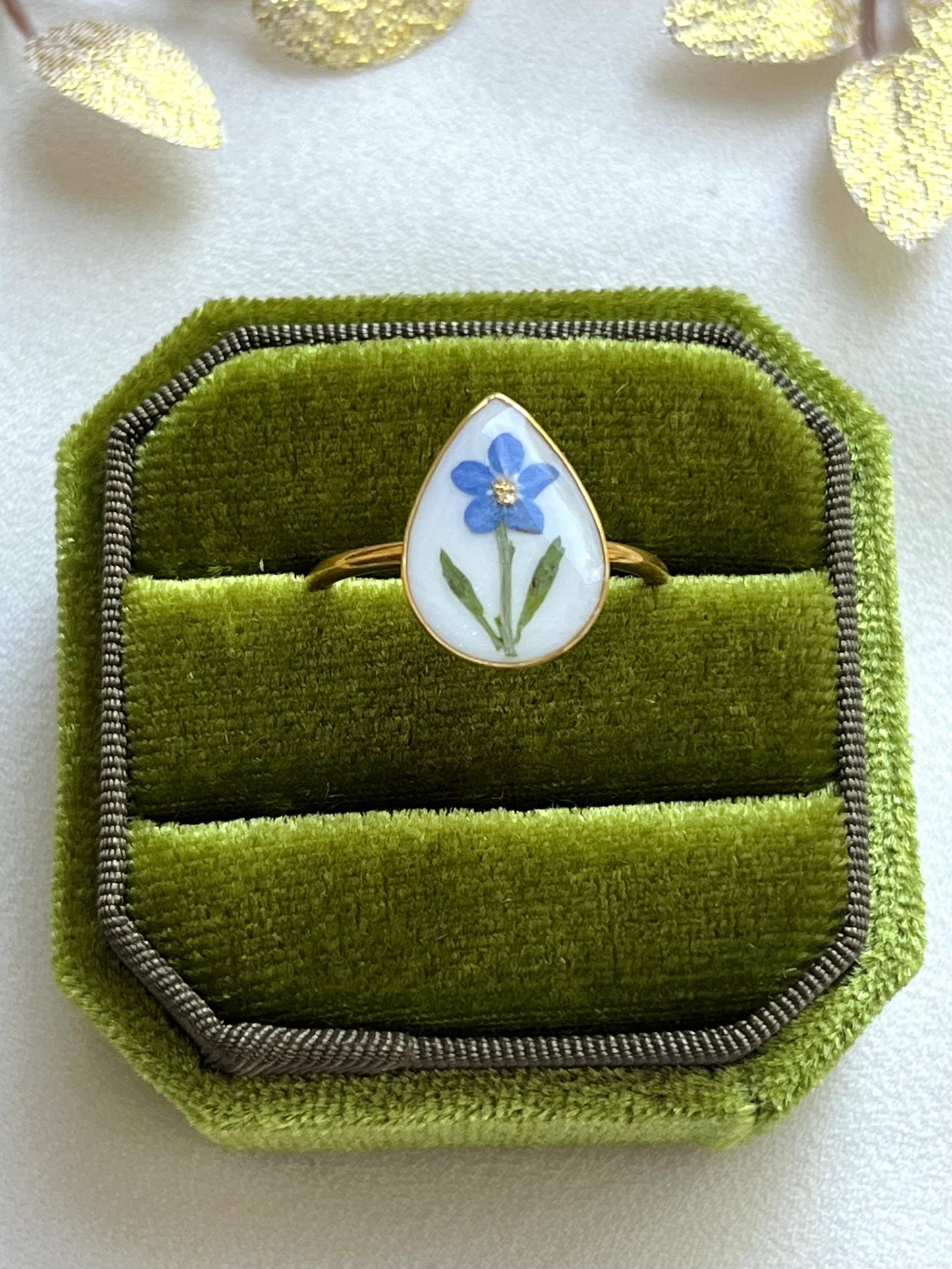 Pressed Flowers | Stainless Steel | Teardrop Ring | Adjustable