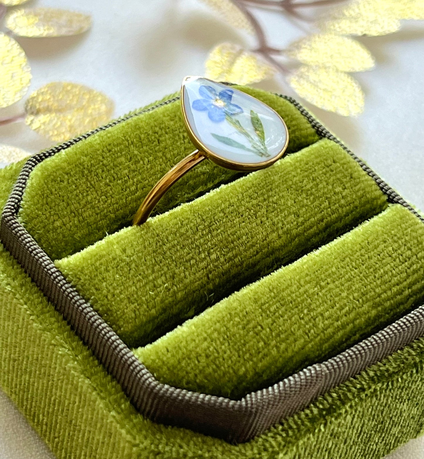 Pressed Flowers | Stainless Steel | Teardrop Ring | Adjustable