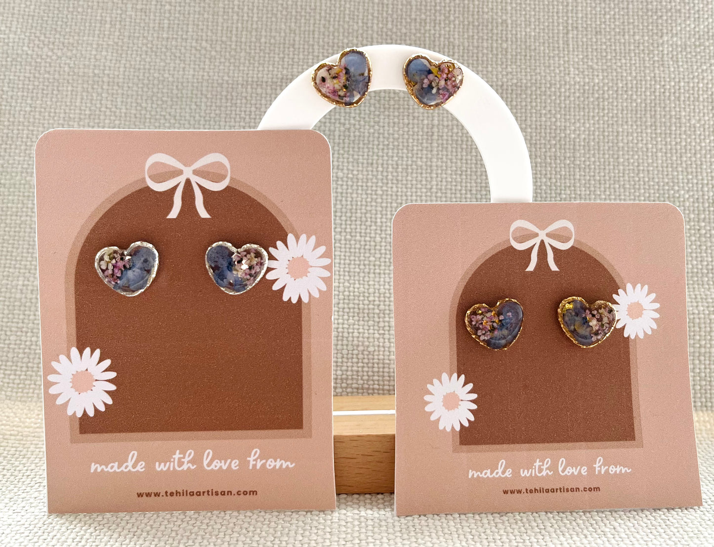 You Are Loved Collection | Real Pressed Flower Earrings | Heart Studs | Hypoallergenic