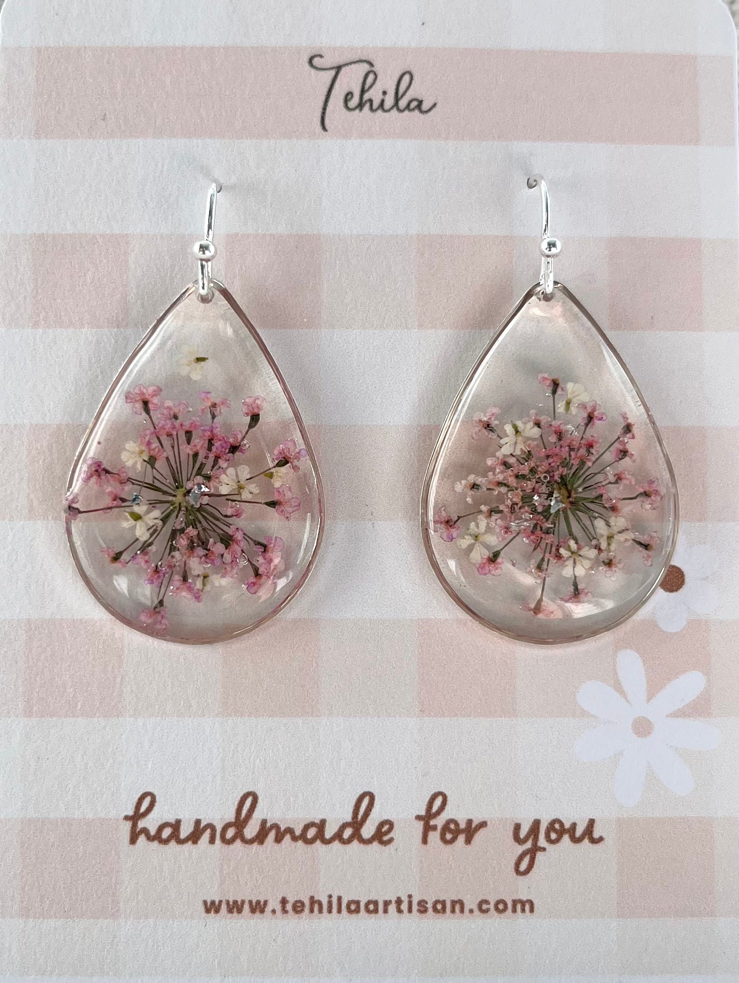 You Are Loved Collection| Real Pressed Flower Earrings| Lilac & White Anne's Lace