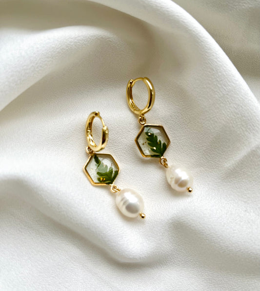 Botanical Collection | Fern Pearl Drop Earrings | Pressed Flowers