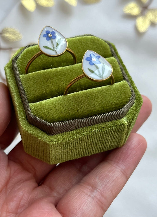 Pressed Flowers | Stainless Steel | Teardrop Ring | Adjustable