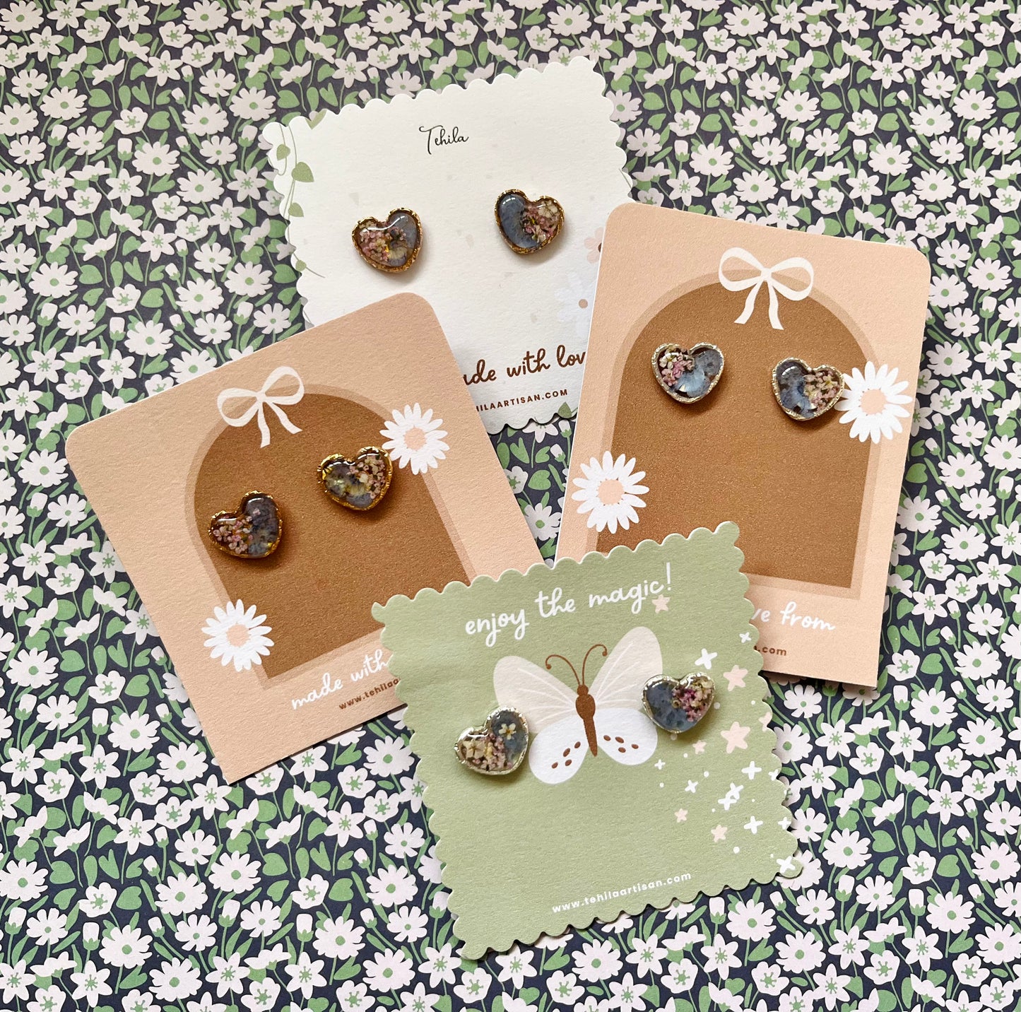 You Are Loved Collection | Real Pressed Flower Earrings | Heart Studs | Hypoallergenic