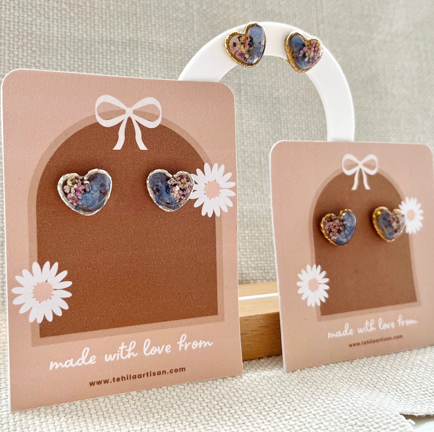 You Are Loved Collection | Real Pressed Flower Earrings | Heart Studs | Hypoallergenic