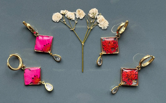 Boho Collection | Earrings| Handmade | Pressed Flowers | Hot Pink | Red